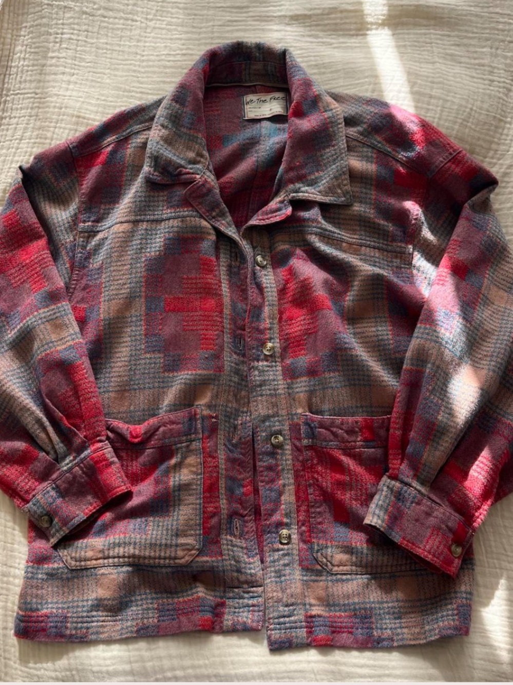 We The Free Keep it Cozy button up shirt Red Plaid Lightweight Shirt Jacket sz S